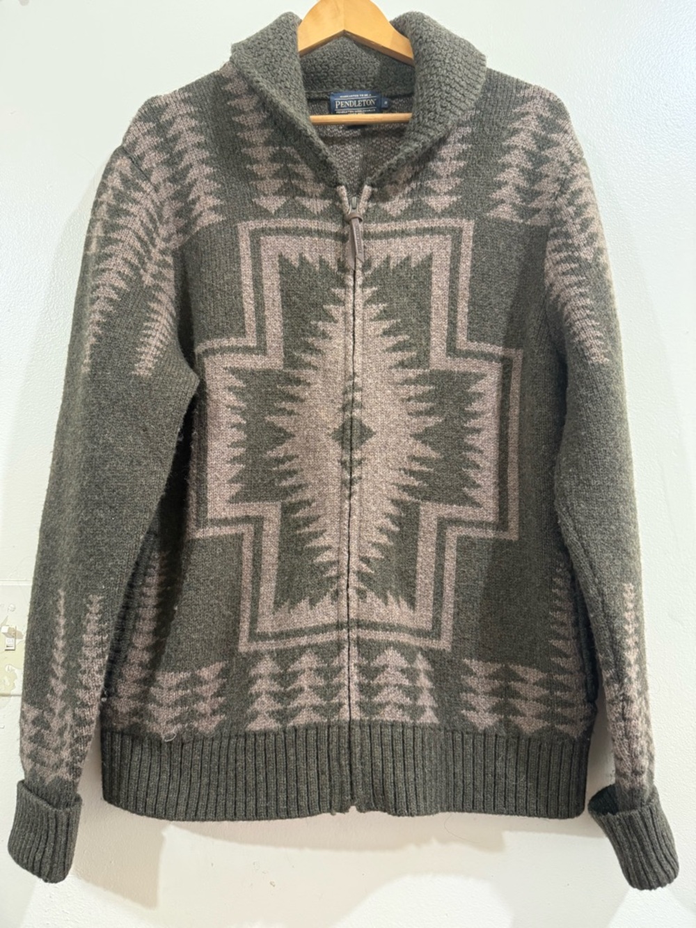 Pendleton Gray and Light Pink Aztec Zip Shawl Collar Sweater
